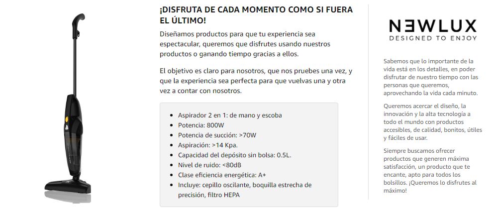 SAMBA NEWLUX - Aspirador Vertical y de Mano 2 en 1 Mod Aspirador Escoba con  Cable 800W, Ligero, Sin Bolsa, Filtro HEPA, Capacidad Depósito 0.5 l.